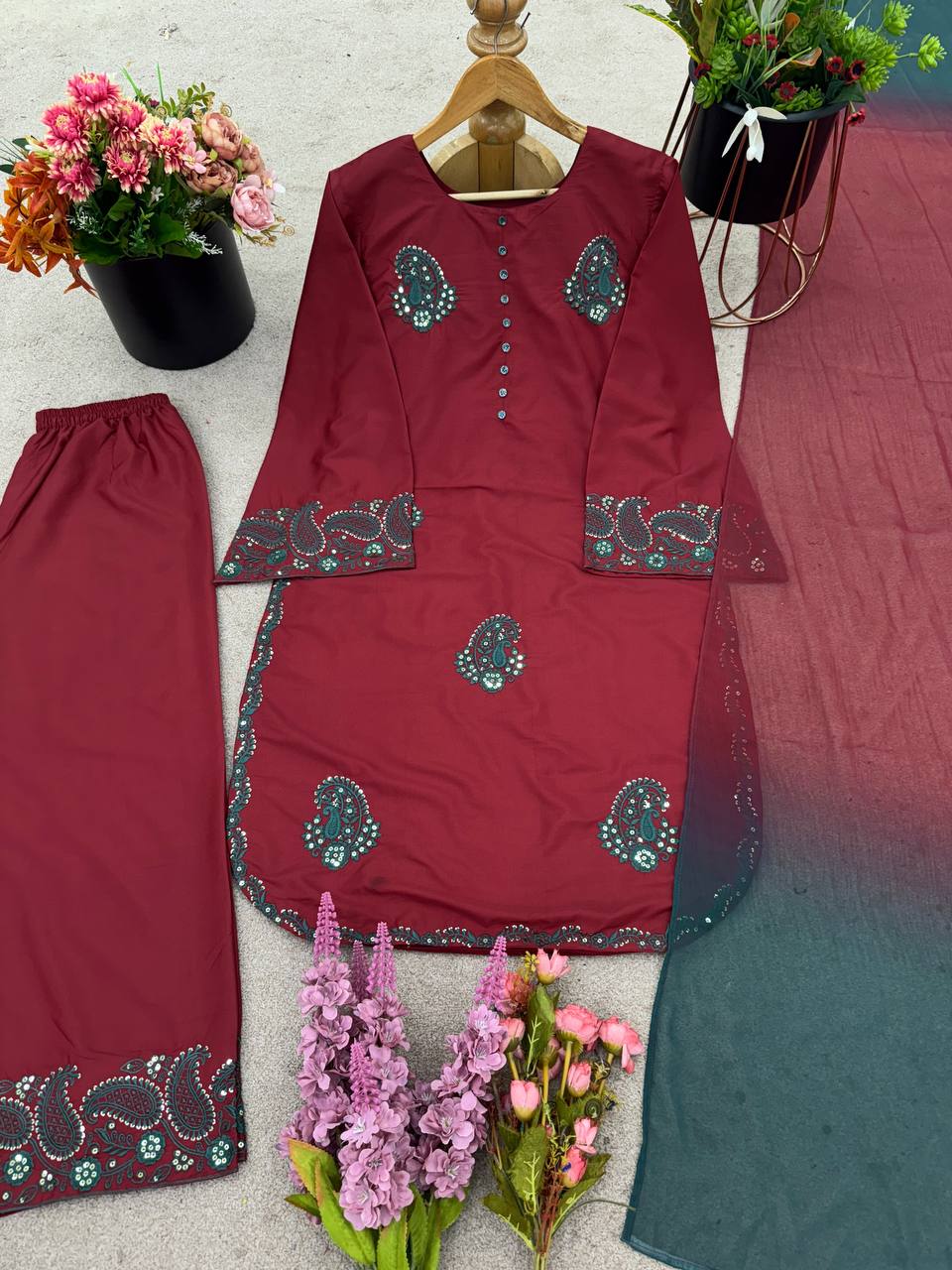 Elegent French Crepe Silk Brown Color Embroidered Kurti Set with Palazzo & Dupatta – Ready to Wear