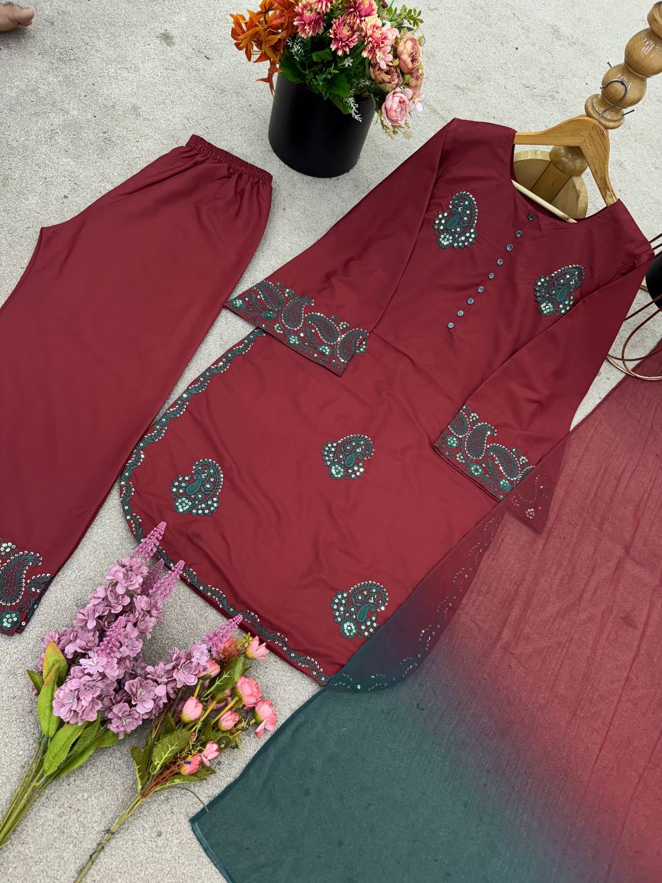 Elegent French Crepe Silk Brown Color Embroidered Kurti Set with Palazzo & Dupatta – Ready to Wear