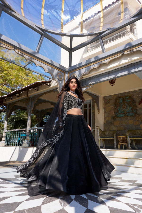 Function Wear Black Color Star Satin And Drawstring With Zip Designer Lehenga Choli