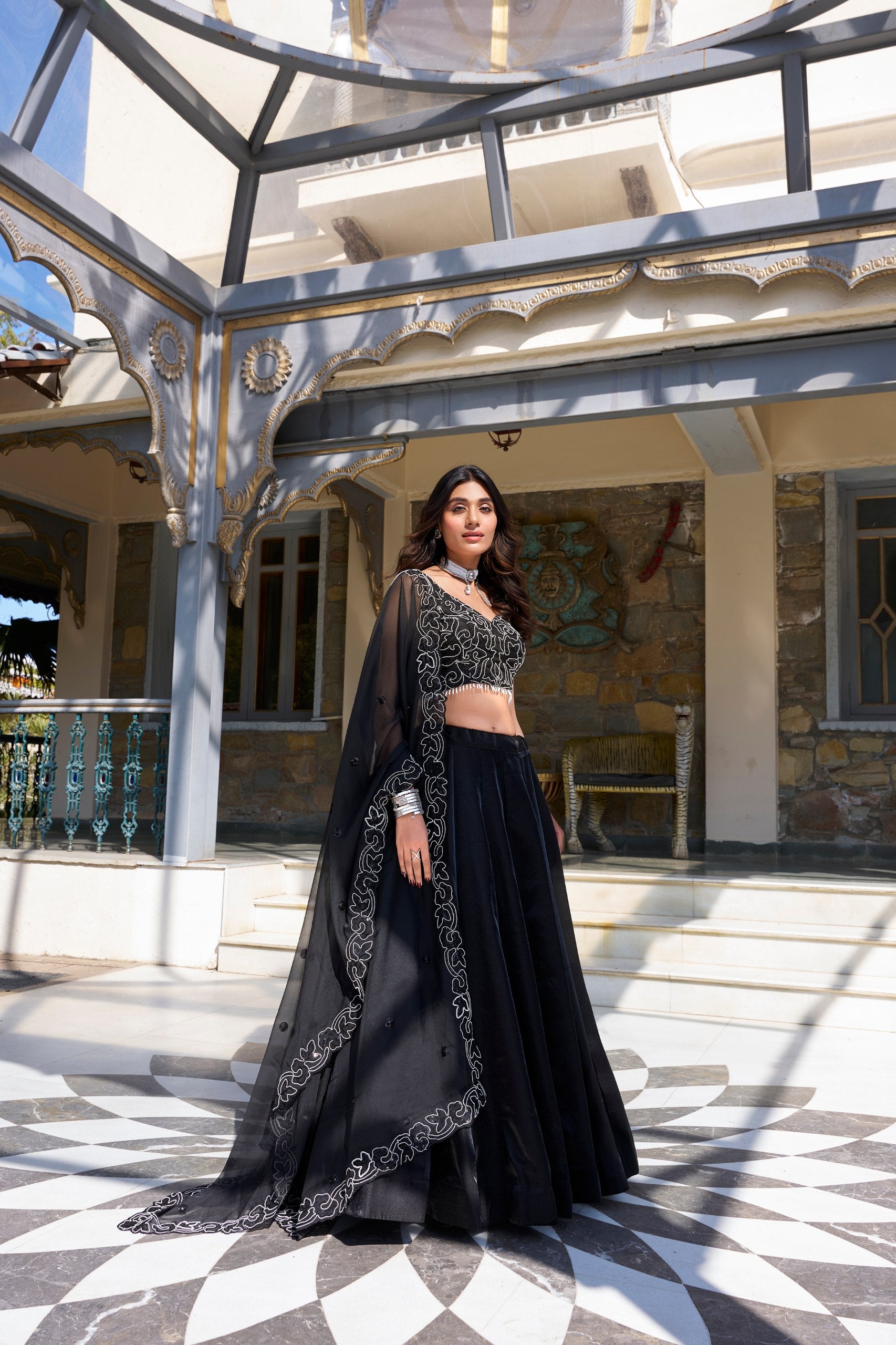 Function Wear Black Color Star Satin And Drawstring With Zip Designer Lehenga Choli