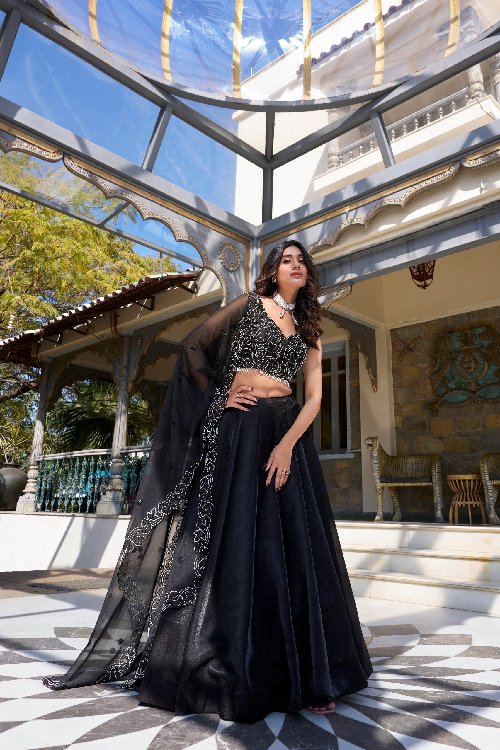 Function Wear Black Color Star Satin And Drawstring With Zip Designer Lehenga Choli