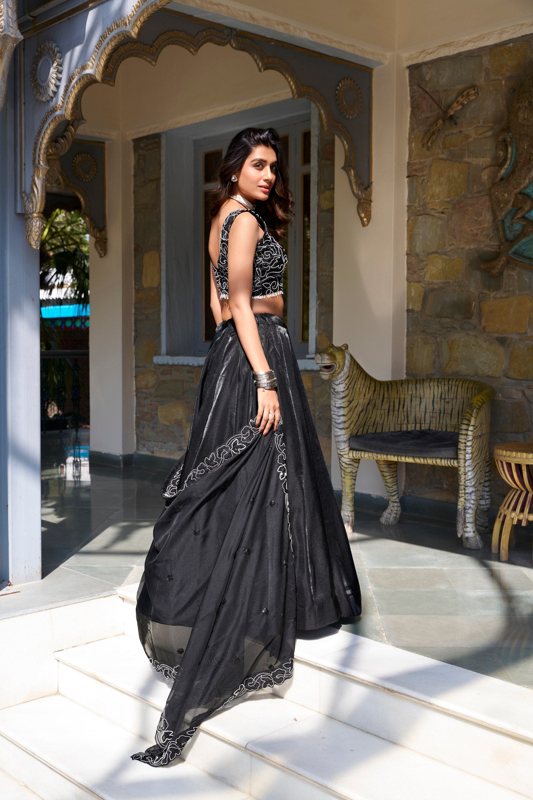 Function Wear Black Color Star Satin And Drawstring With Zip Designer Lehenga Choli