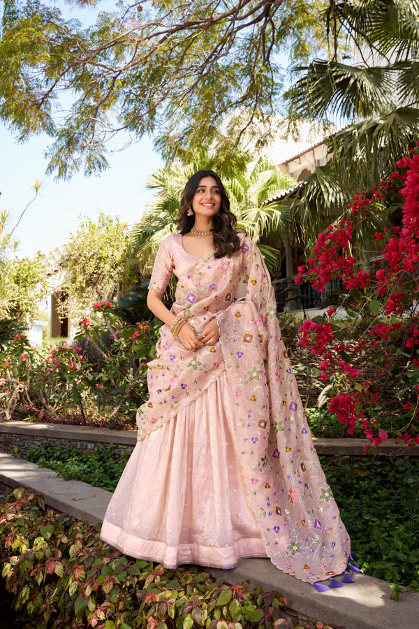 Marriage Special Peach Color Gold Crush Sequins And Thread Embroidery All Over Butties Work Lehenga Choli