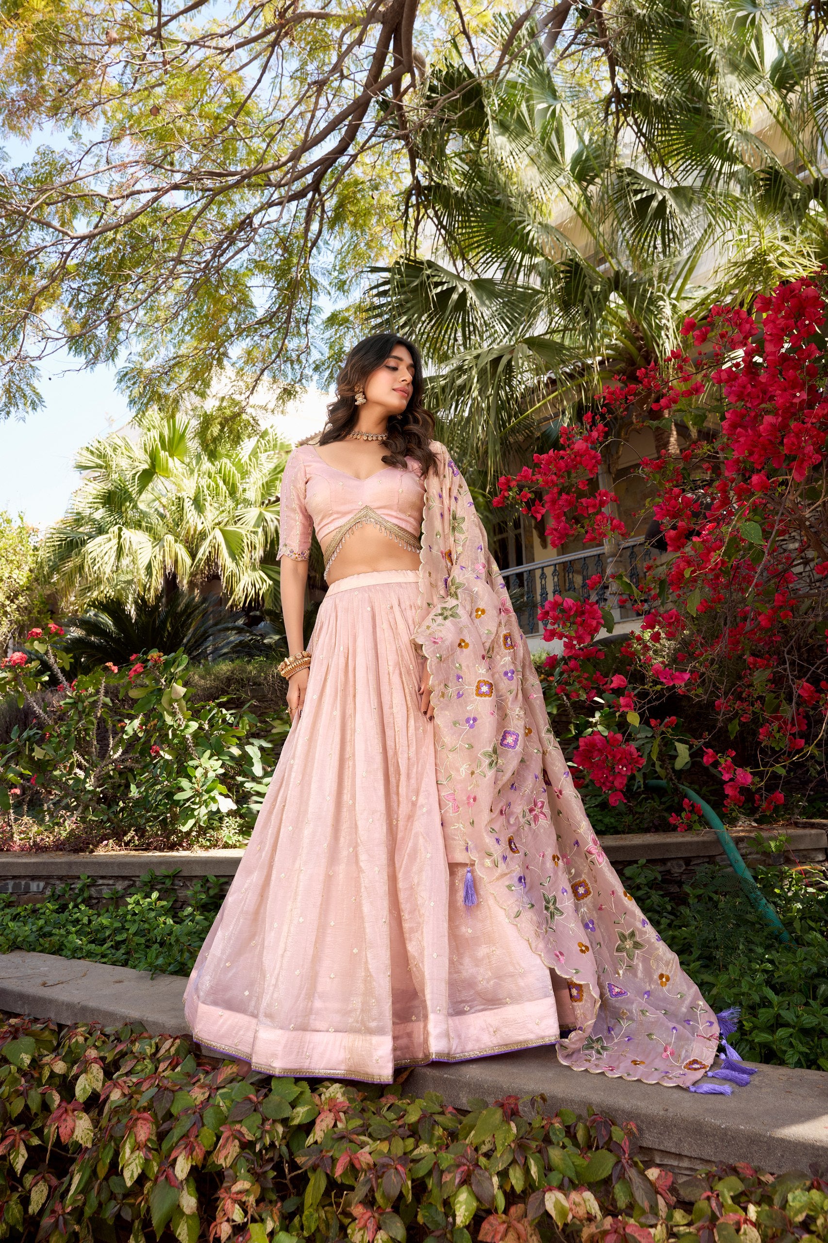 Marriage Special Peach Color Gold Crush Sequins And Thread Embroidery All Over Butties Work Lehenga Choli