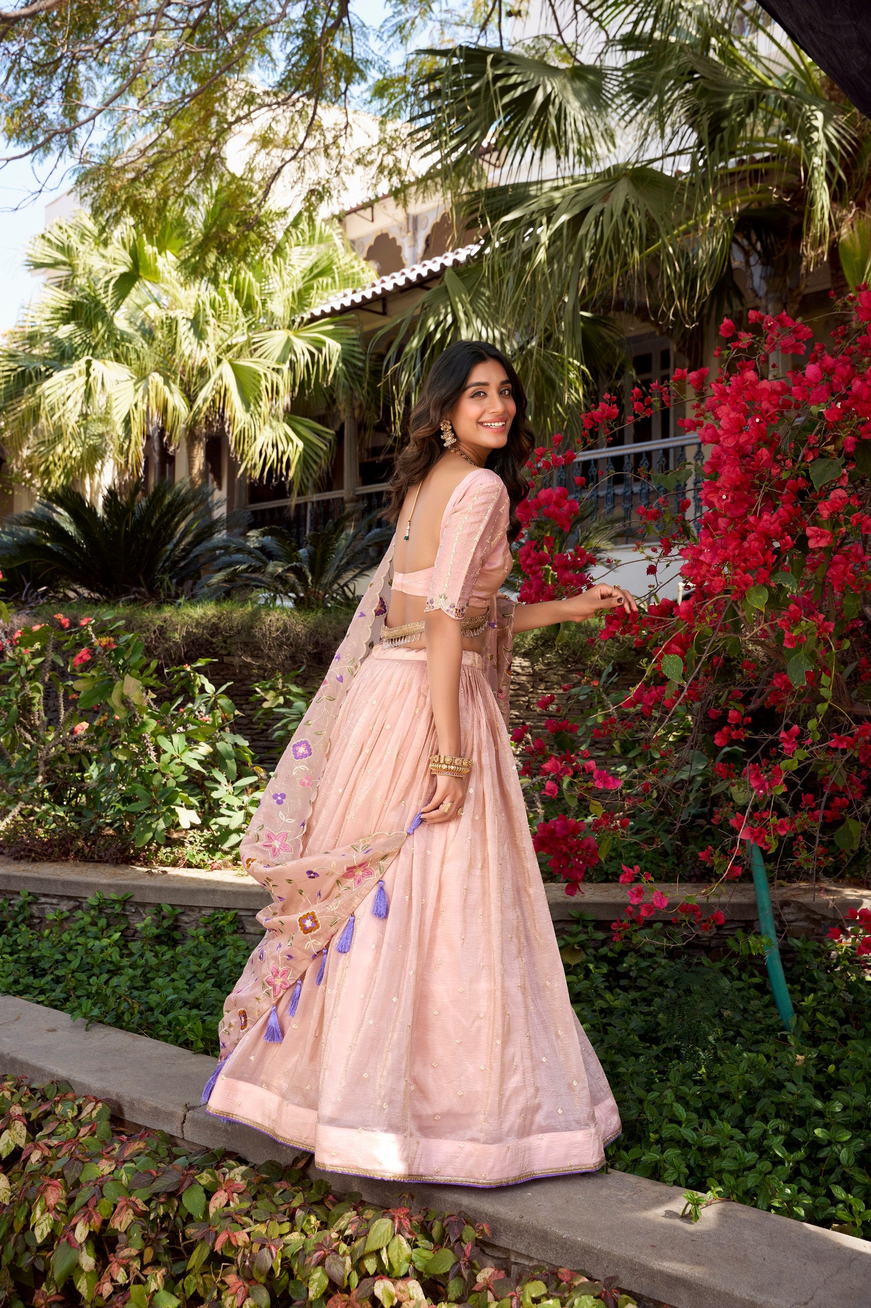Marriage Special Peach Color Gold Crush Sequins And Thread Embroidery All Over Butties Work Lehenga Choli