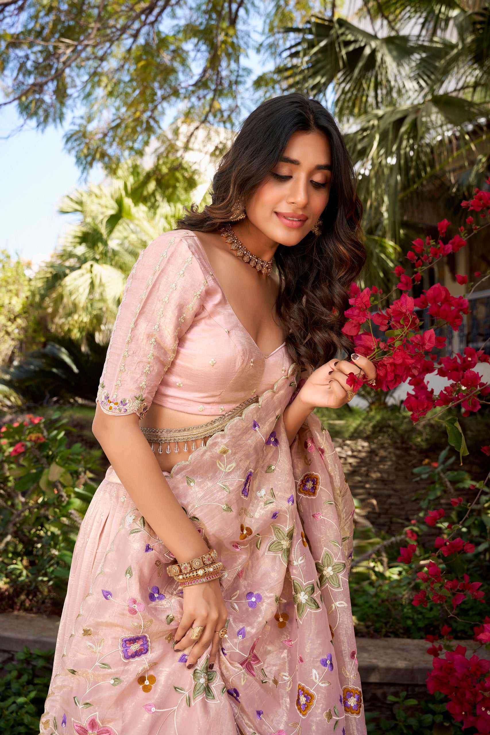 Marriage Special Peach Color Gold Crush Sequins And Thread Embroidery All Over Butties Work Lehenga Choli