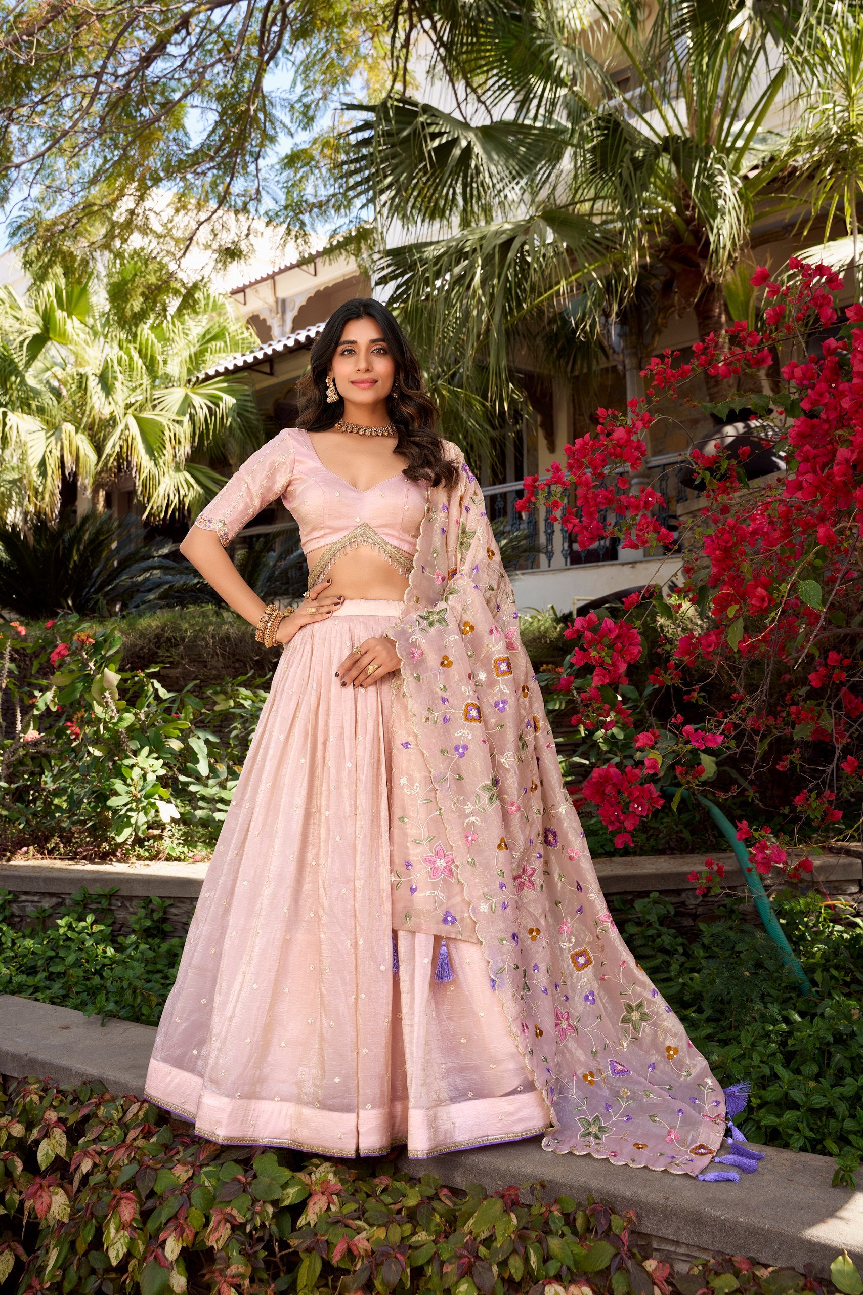 Marriage Special Peach Color Gold Crush Sequins And Thread Embroidery All Over Butties Work Lehenga Choli