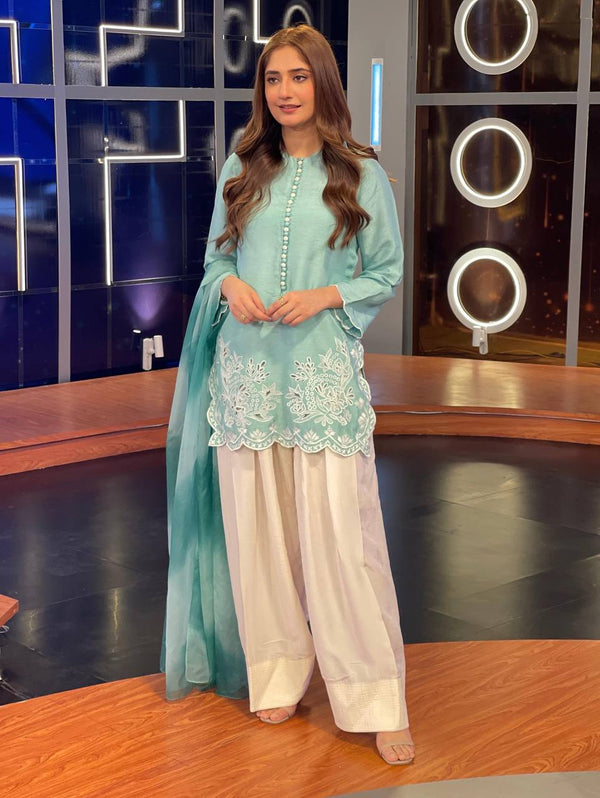 Party Wear Sky Blue Color Heavy Georgette With Embroidery Work Palazzo Suit