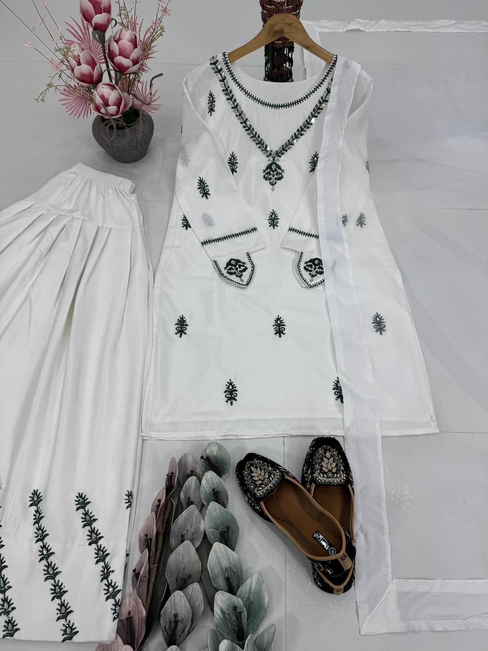Trendy White Color Heavy Natural Crepe Embroidered Top Palazzo With Dupatta Set
