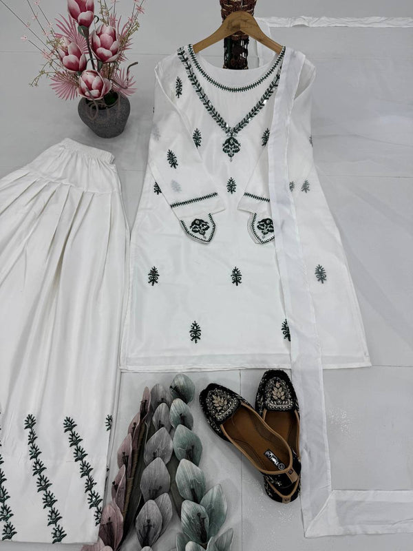 Trendy White Color Heavy Natural Crepe Embroidered Top Palazzo With Dupatta Set