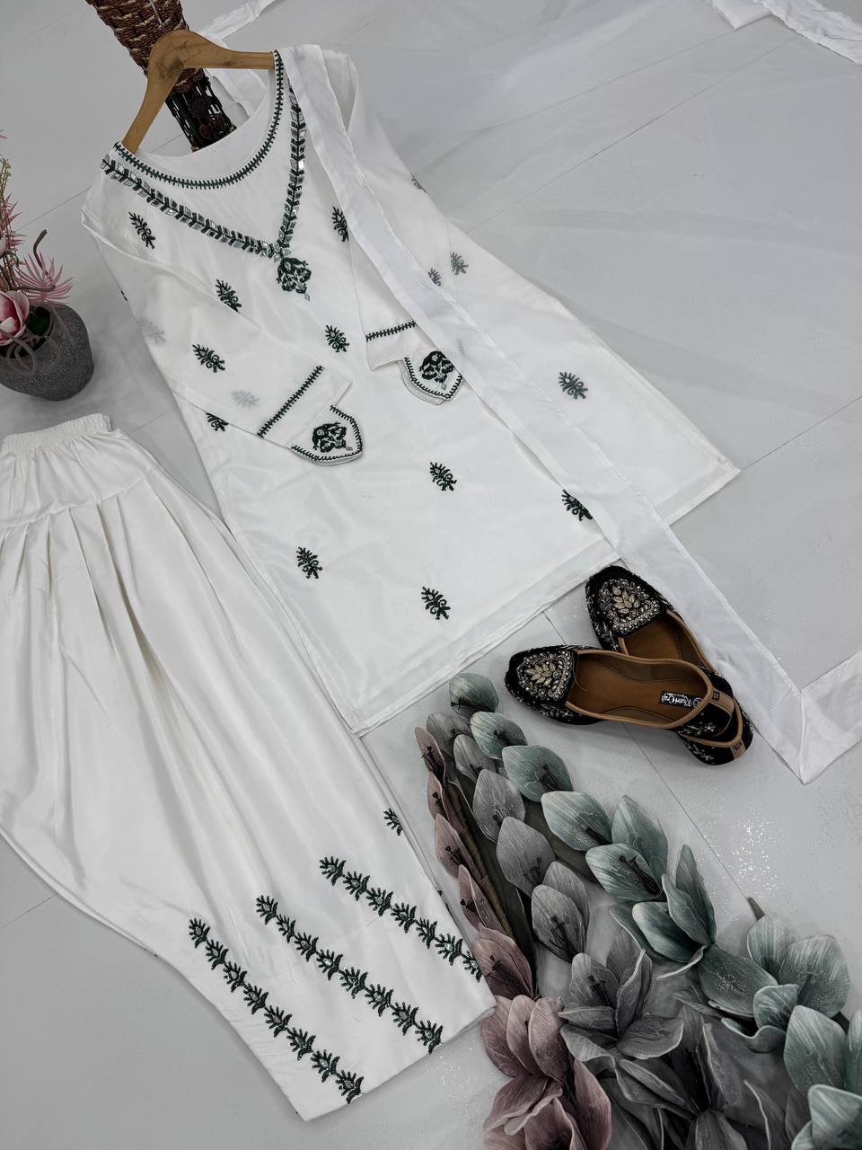 Trendy White Color Heavy Natural Crepe Embroidered Top Palazzo With Dupatta Set