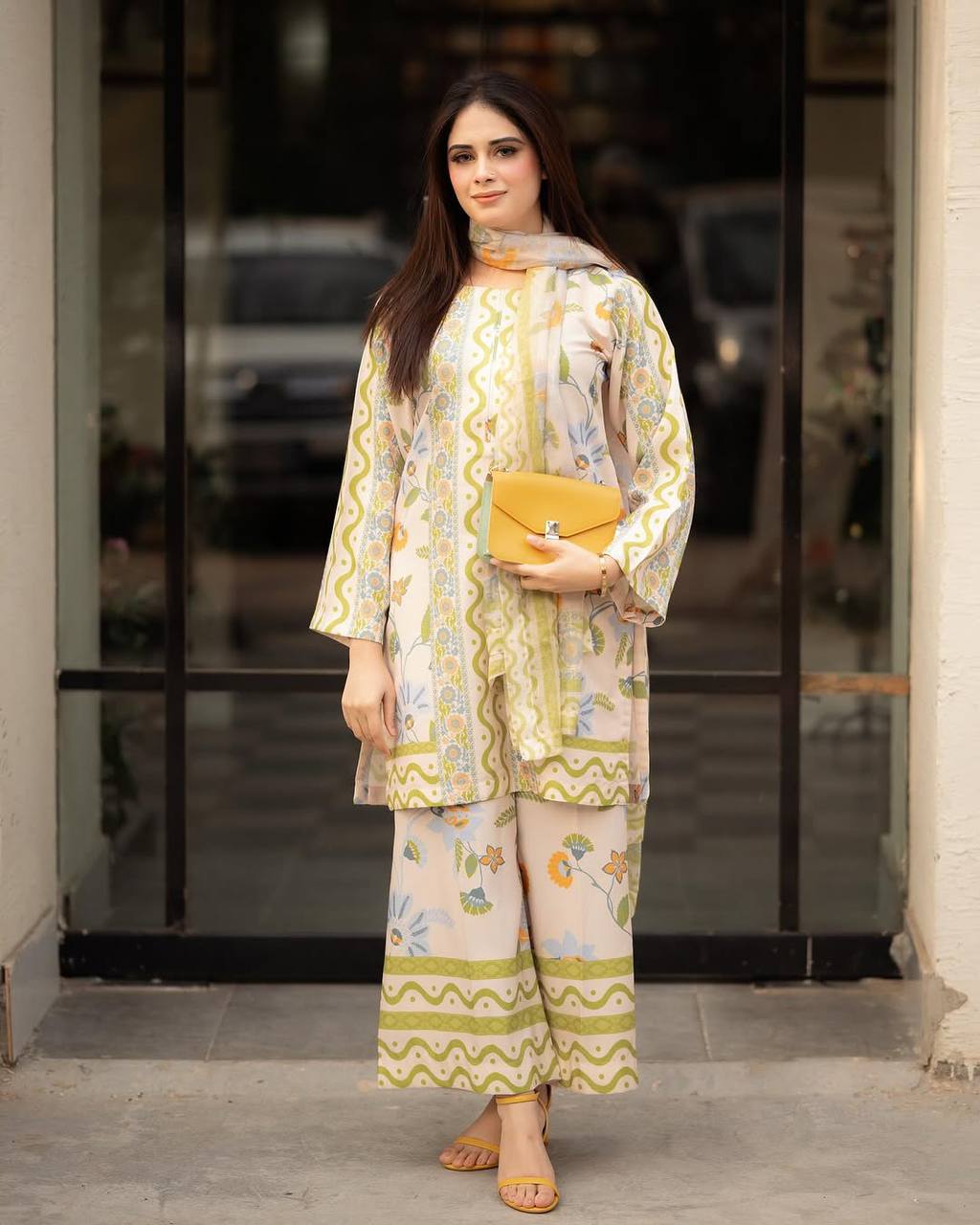Sangeet Wear Pure Natural Crepe Striking Digital Printed Co-ord Palazzo Suit Set