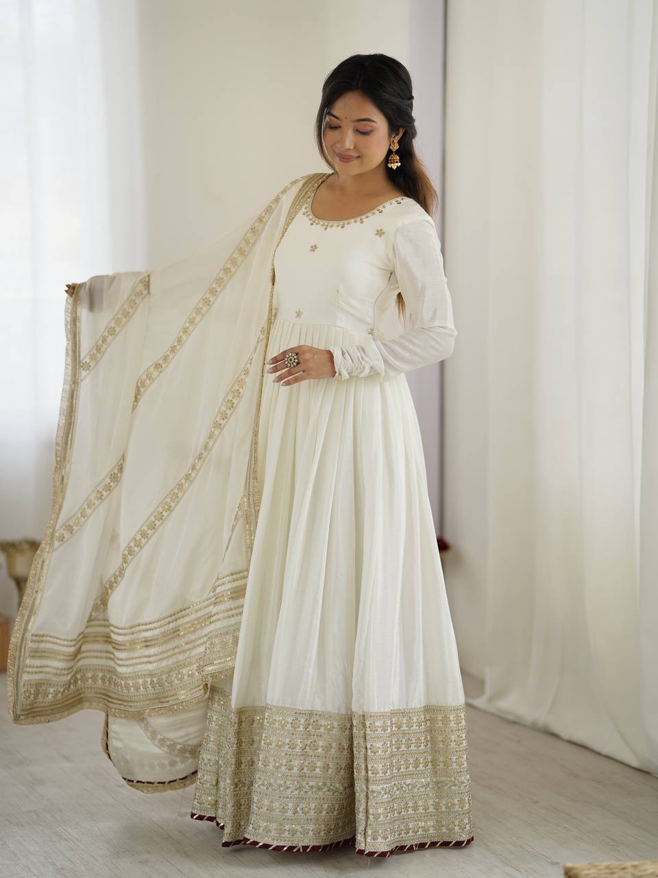 Sangeet Wear Off White Soft Chinon Silk Beautiful Thread Embroidery With Sequin Work Designer Gown