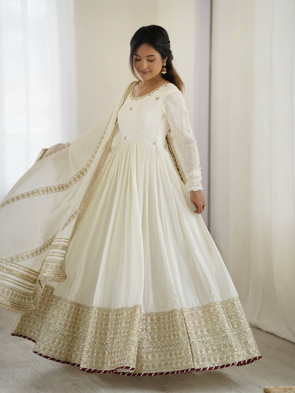 Sangeet Wear Off White Soft Chinon Silk Beautiful Thread Embroidery With Sequin Work Designer Gown