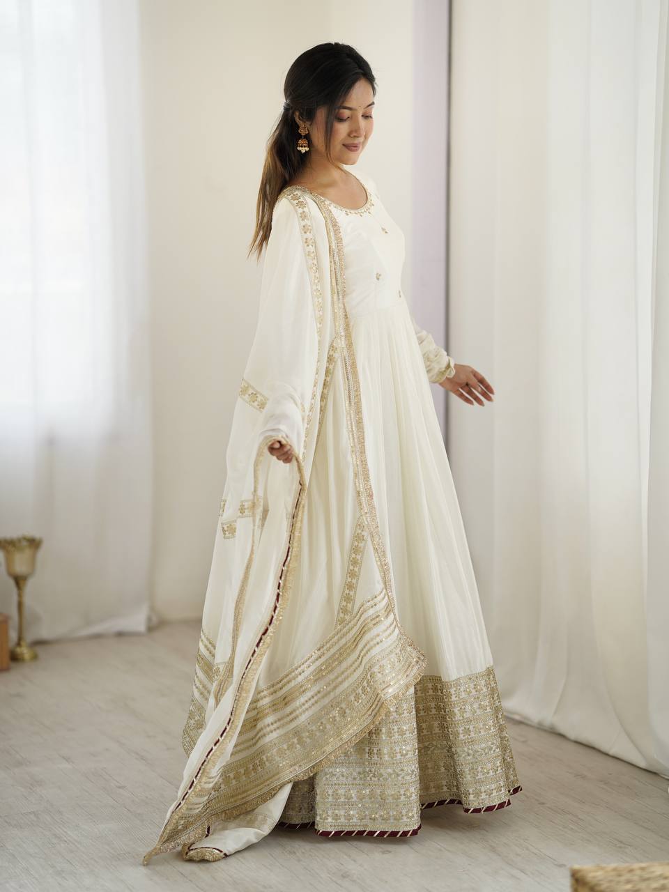 Sangeet Wear Off White Soft Chinon Silk Beautiful Thread Embroidery With Sequin Work Designer Gown