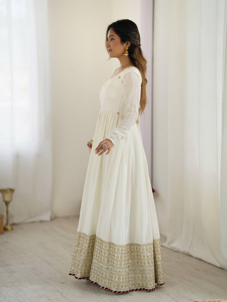 Sangeet Wear Off White Soft Chinon Silk Beautiful Thread Embroidery With Sequin Work Designer Gown
