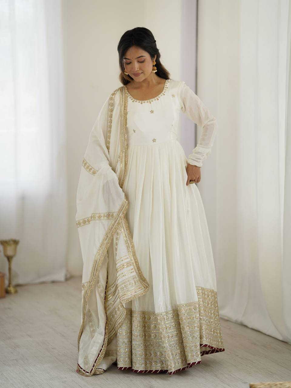 Sangeet Wear Off White Soft Chinon Silk Beautiful Thread Embroidery With Sequin Work Designer Gown