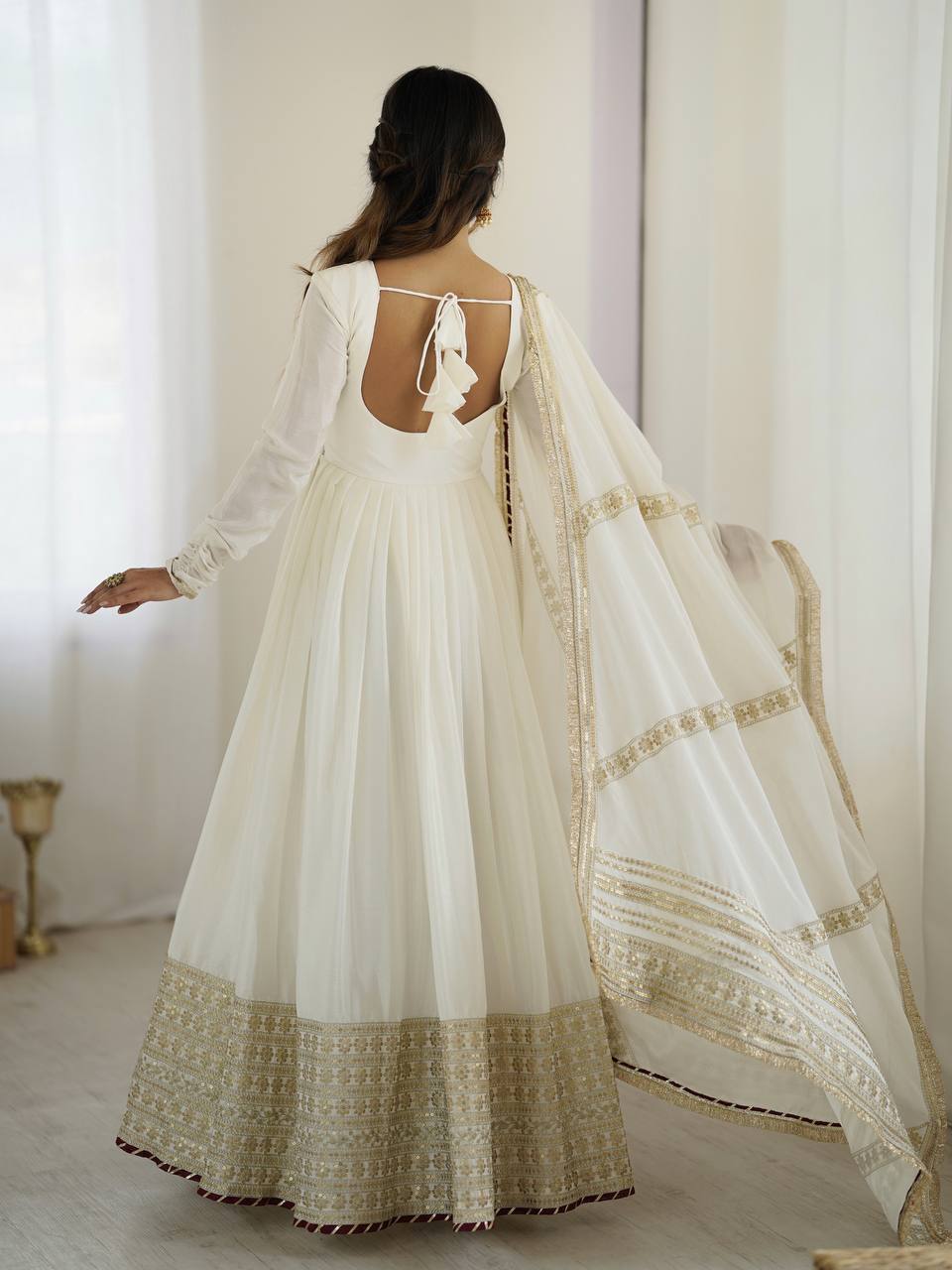 Sangeet Wear Off White Soft Chinon Silk Beautiful Thread Embroidery With Sequin Work Designer Gown