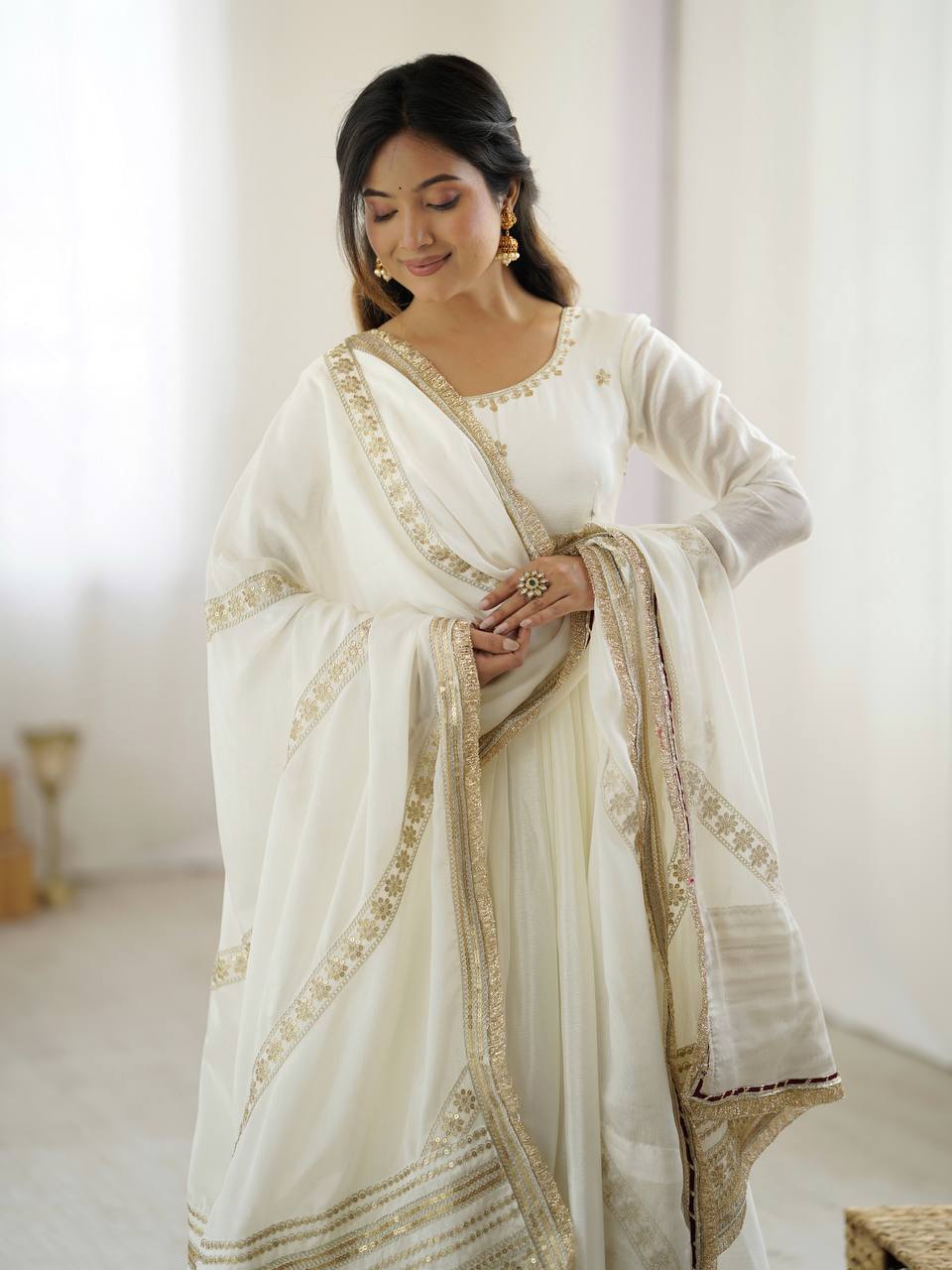 Sangeet Wear Off White Soft Chinon Silk Beautiful Thread Embroidery With Sequin Work Designer Gown