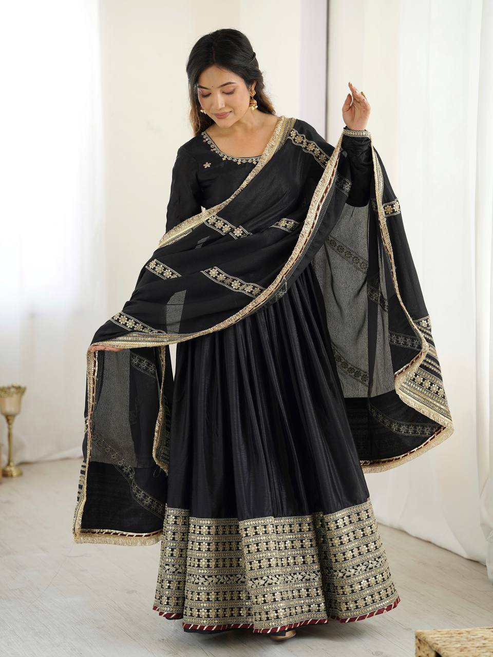 Sangeet Wear Black Soft Chinon Silk Beautiful Thread Embroidery With Sequin Work Designer Gown