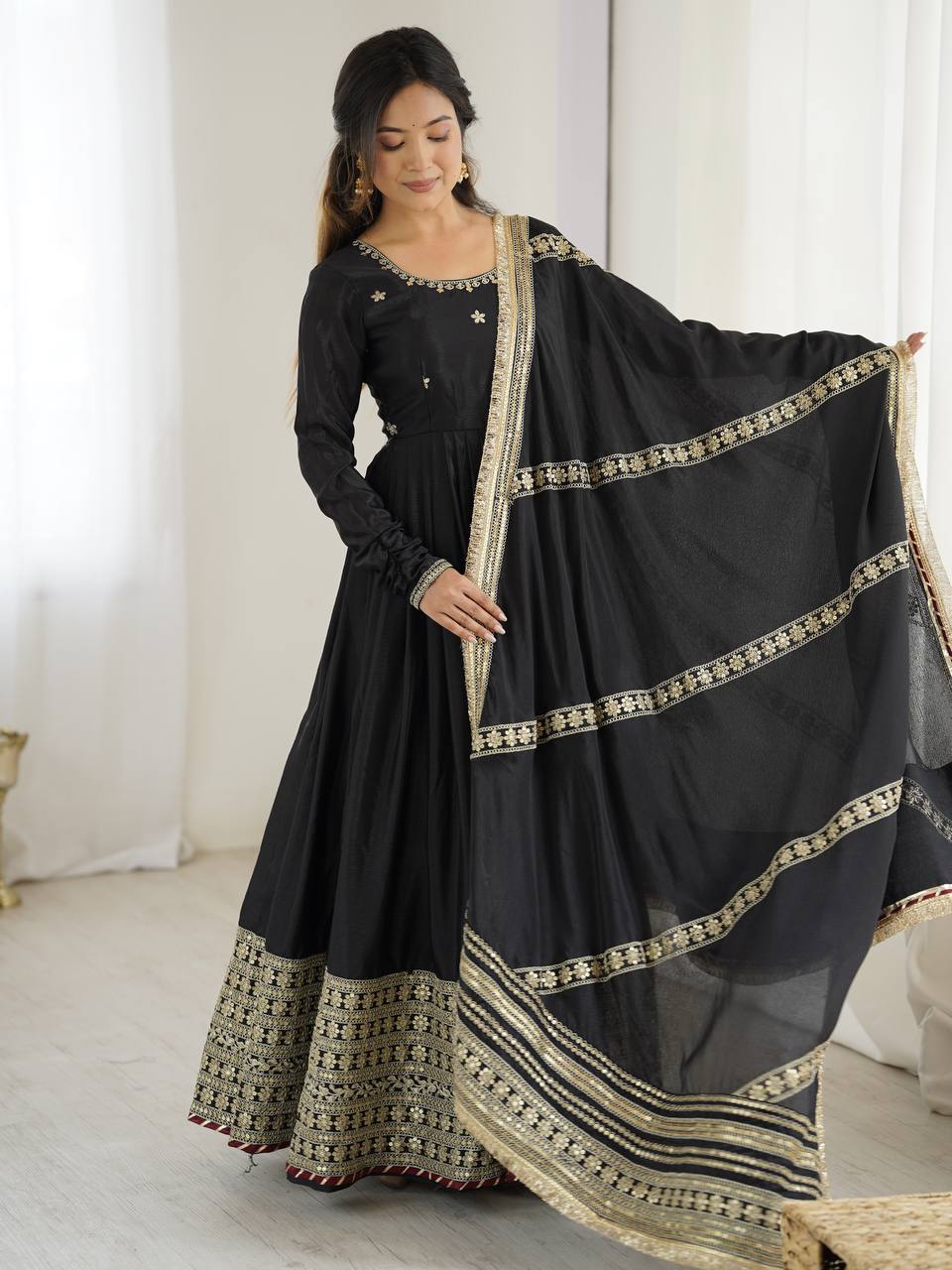 Sangeet Wear Black Soft Chinon Silk Beautiful Thread Embroidery With Sequin Work Designer Gown