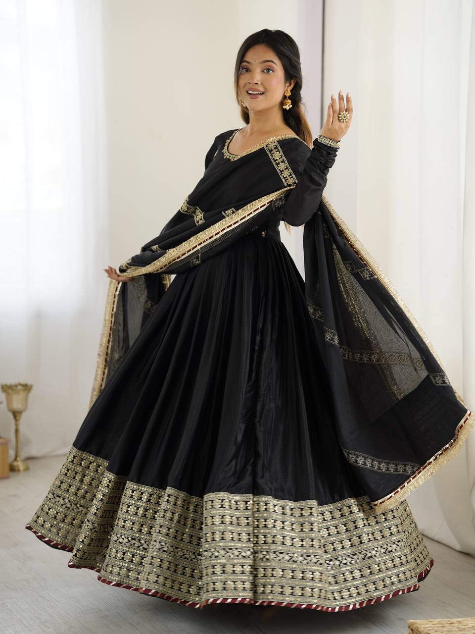 Sangeet Wear Black Soft Chinon Silk Beautiful Thread Embroidery With Sequin Work Designer Gown