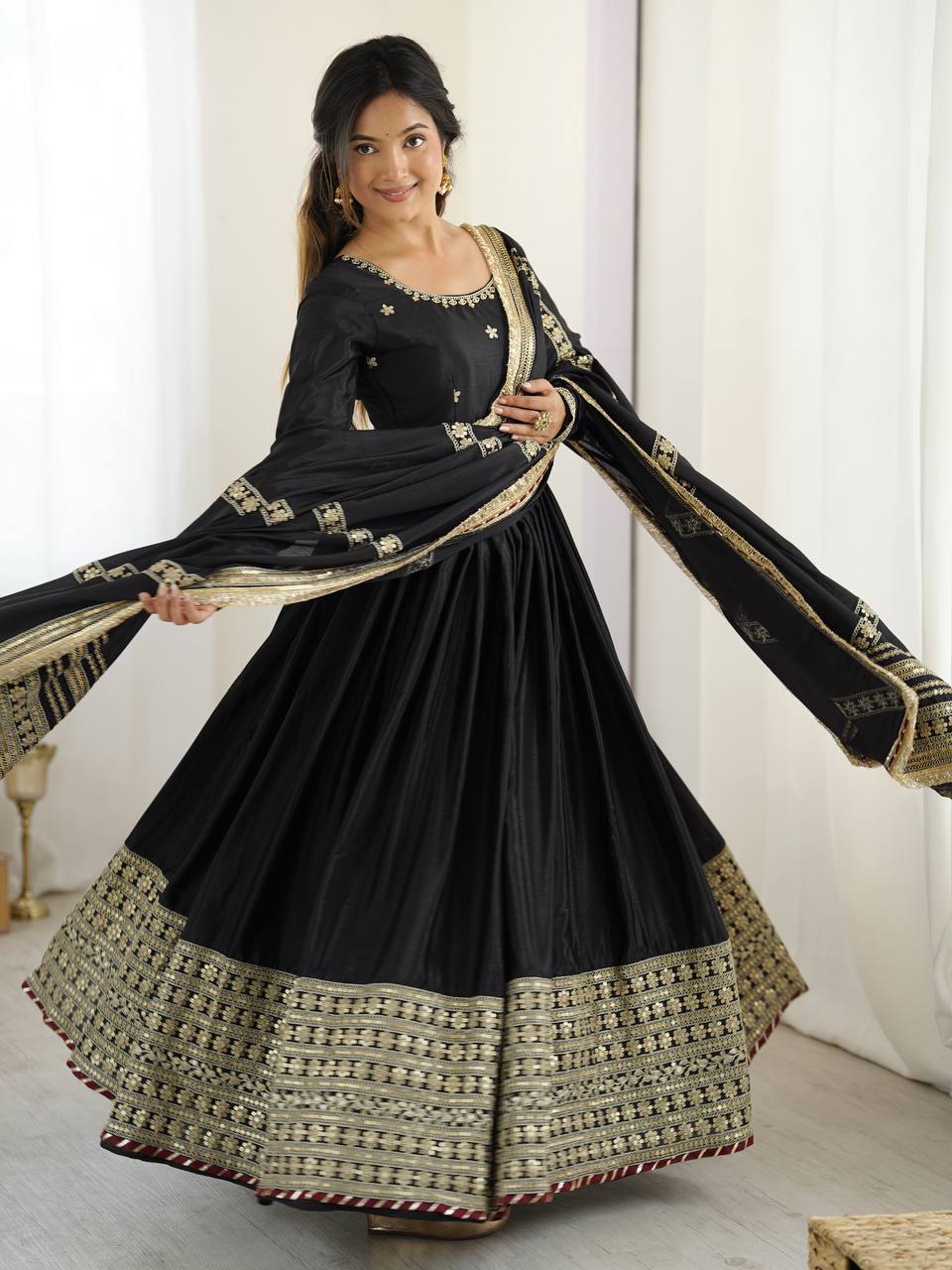 Sangeet Wear Black Soft Chinon Silk Beautiful Thread Embroidery With Sequin Work Designer Gown