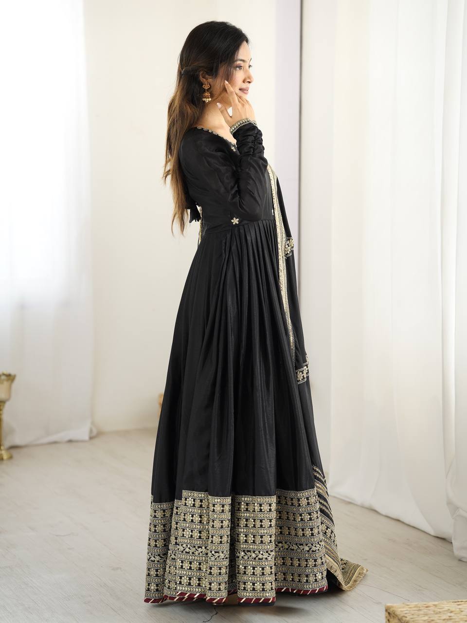 Sangeet Wear Black Soft Chinon Silk Beautiful Thread Embroidery With Sequin Work Designer Gown