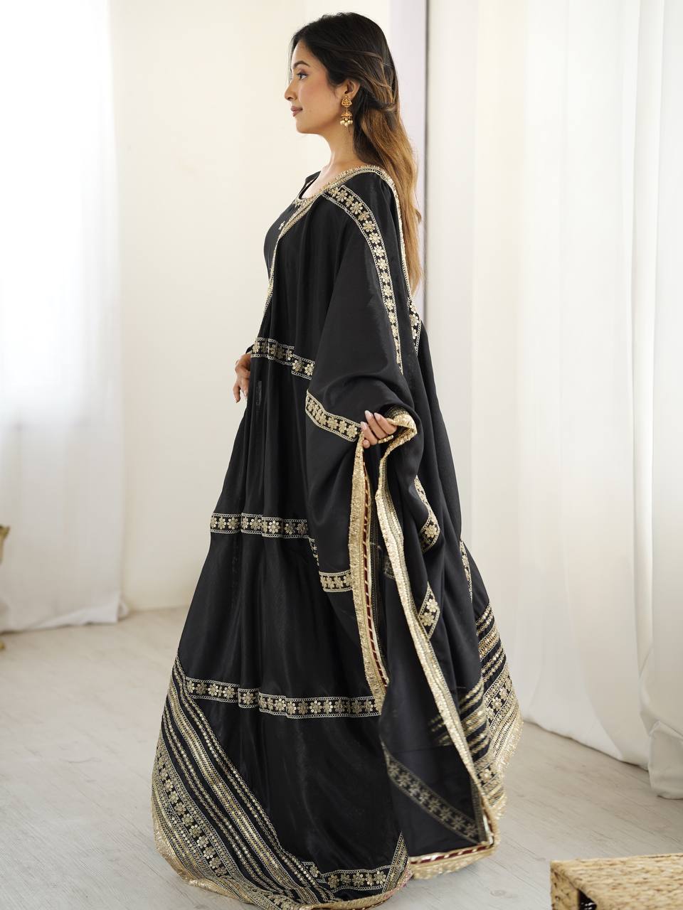 Sangeet Wear Black Soft Chinon Silk Beautiful Thread Embroidery With Sequin Work Designer Gown