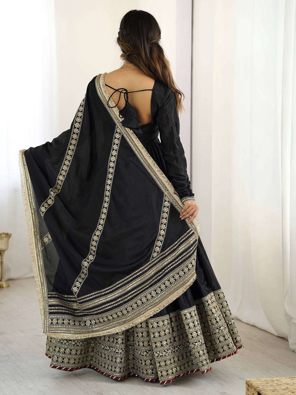 Sangeet Wear Black Soft Chinon Silk Beautiful Thread Embroidery With Sequin Work Designer Gown