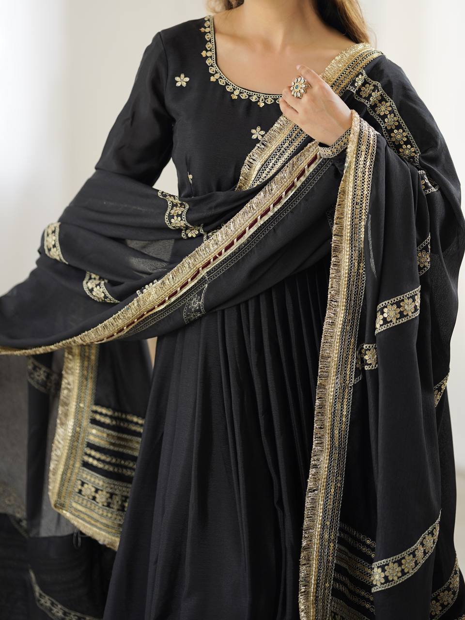 Sangeet Wear Black Soft Chinon Silk Beautiful Thread Embroidery With Sequin Work Designer Gown