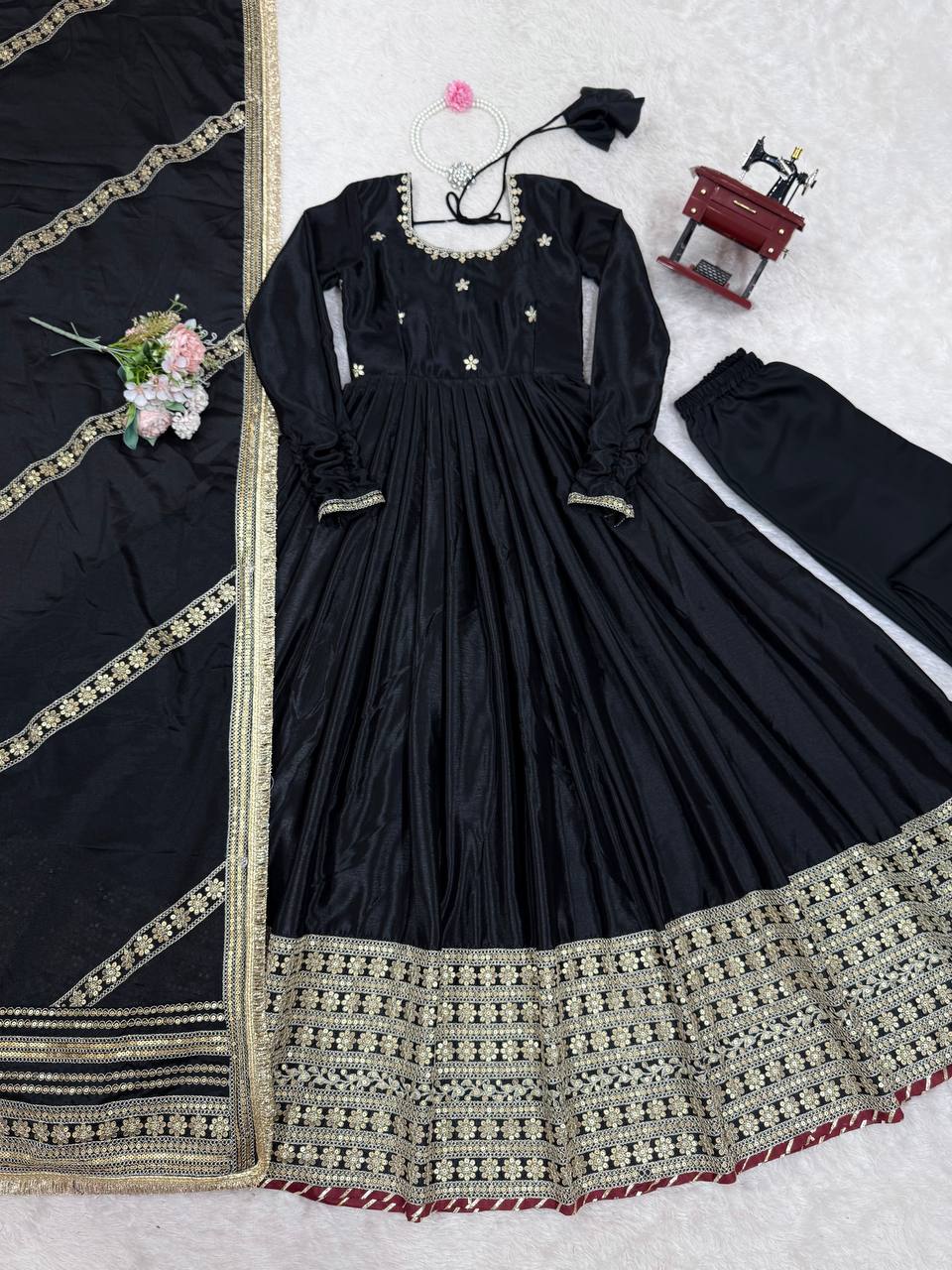 Sangeet Wear Black Soft Chinon Silk Beautiful Thread Embroidery With Sequin Work Designer Gown
