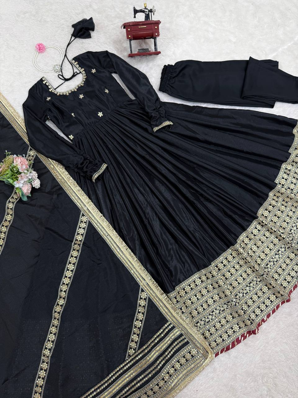 Sangeet Wear Black Soft Chinon Silk Beautiful Thread Embroidery With Sequin Work Designer Gown