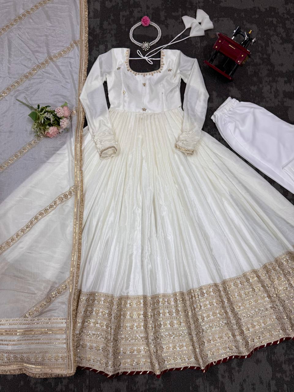 Sangeet Wear Off White Soft Chinon Silk Beautiful Thread Embroidery With Sequin Work Designer Gown