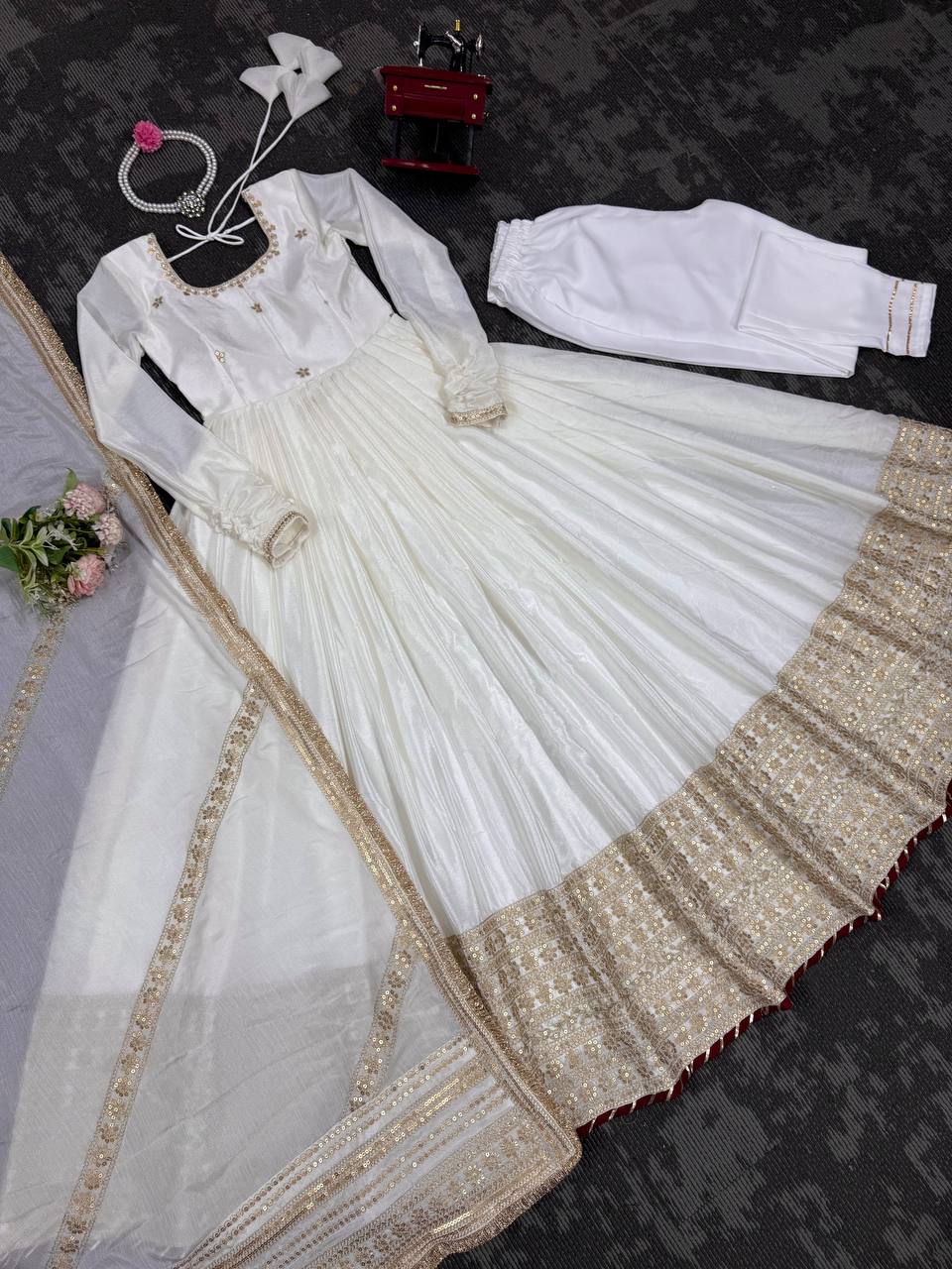Sangeet Wear Off White Soft Chinon Silk Beautiful Thread Embroidery With Sequin Work Designer Gown