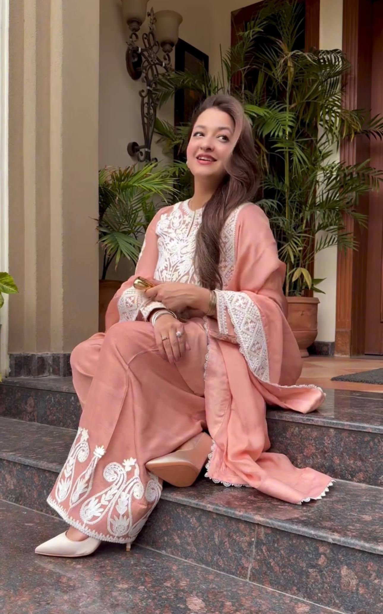 Designer Peach Color Pure Dull Satin Silk With Embroidery Work Beautiful Palazzo Suit