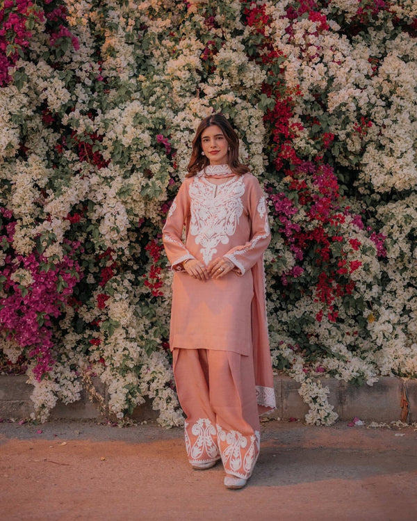 Designer Peach Color Pure Dull Satin Silk With Embroidery Work Beautiful Palazzo Suit