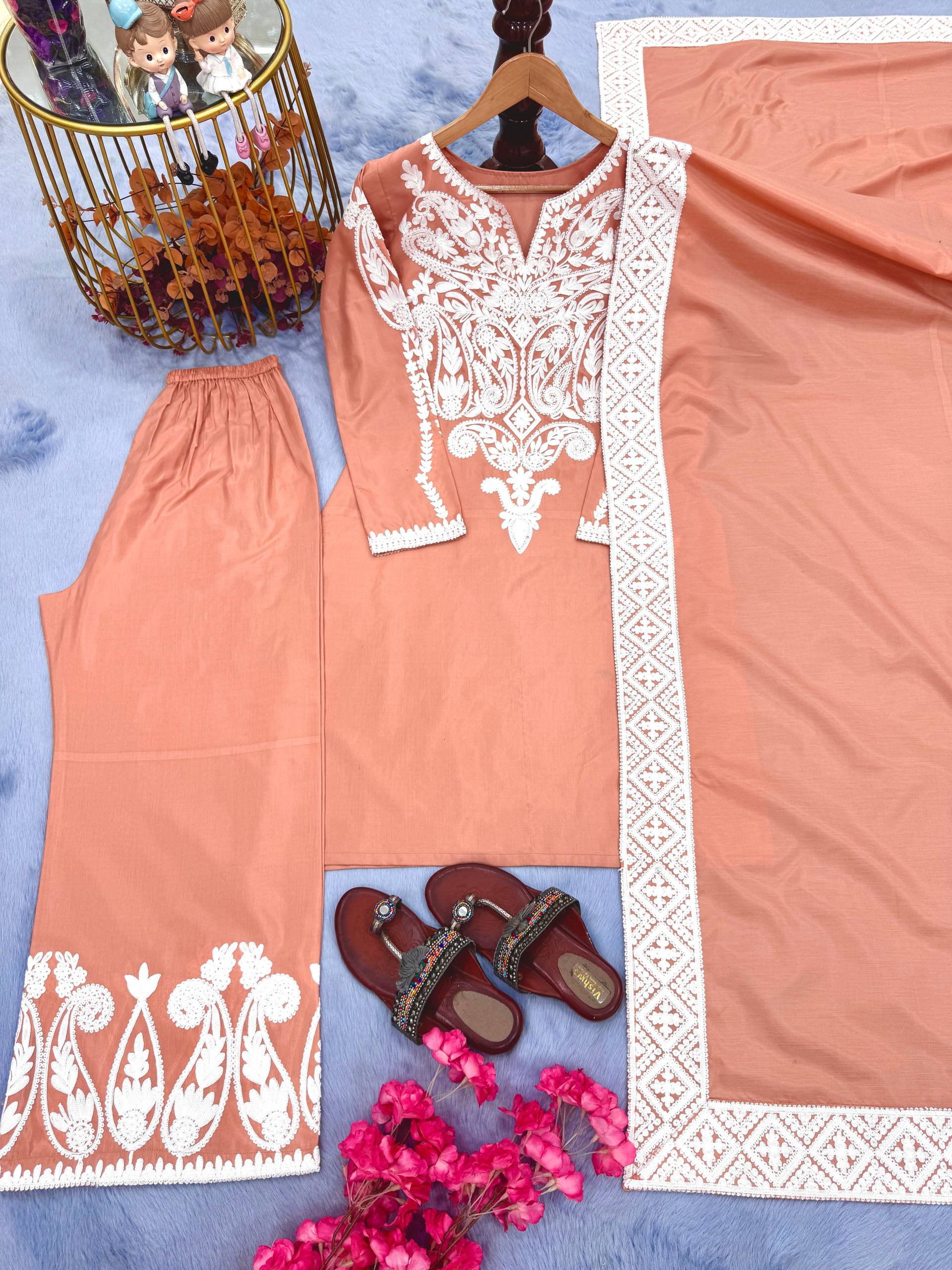Designer Peach Color Pure Dull Satin Silk With Embroidery Work Beautiful Palazzo Suit