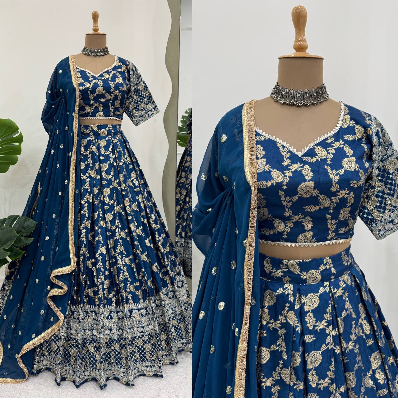 Reception Wear Navy Blue Color Premium Jacquard Beautiful Thread Embroidery With Sequins Work Lehenga Choli