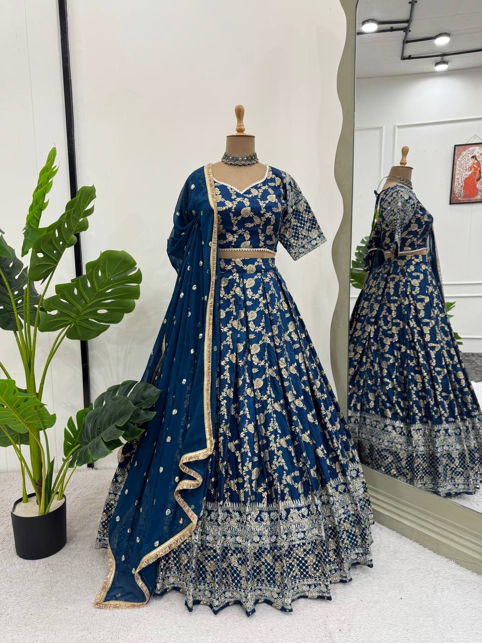 Reception Wear Navy Blue Color Premium Jacquard Beautiful Thread Embroidery With Sequins Work Lehenga Choli