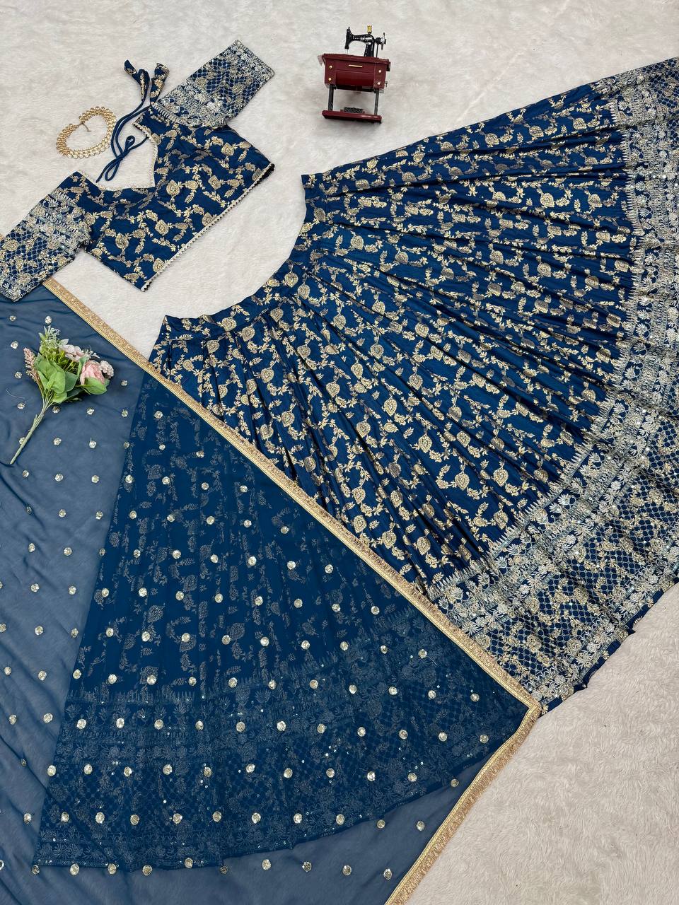 Reception Wear Navy Blue Color Premium Jacquard Beautiful Thread Embroidery With Sequins Work Lehenga Choli