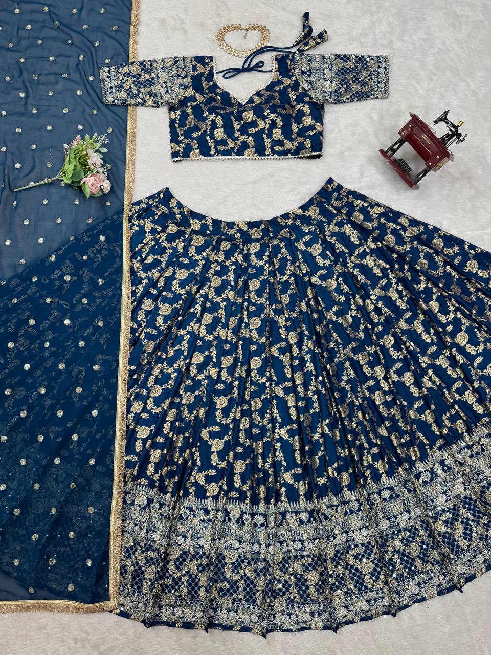 Reception Wear Navy Blue Color Premium Jacquard Beautiful Thread Embroidery With Sequins Work Lehenga Choli