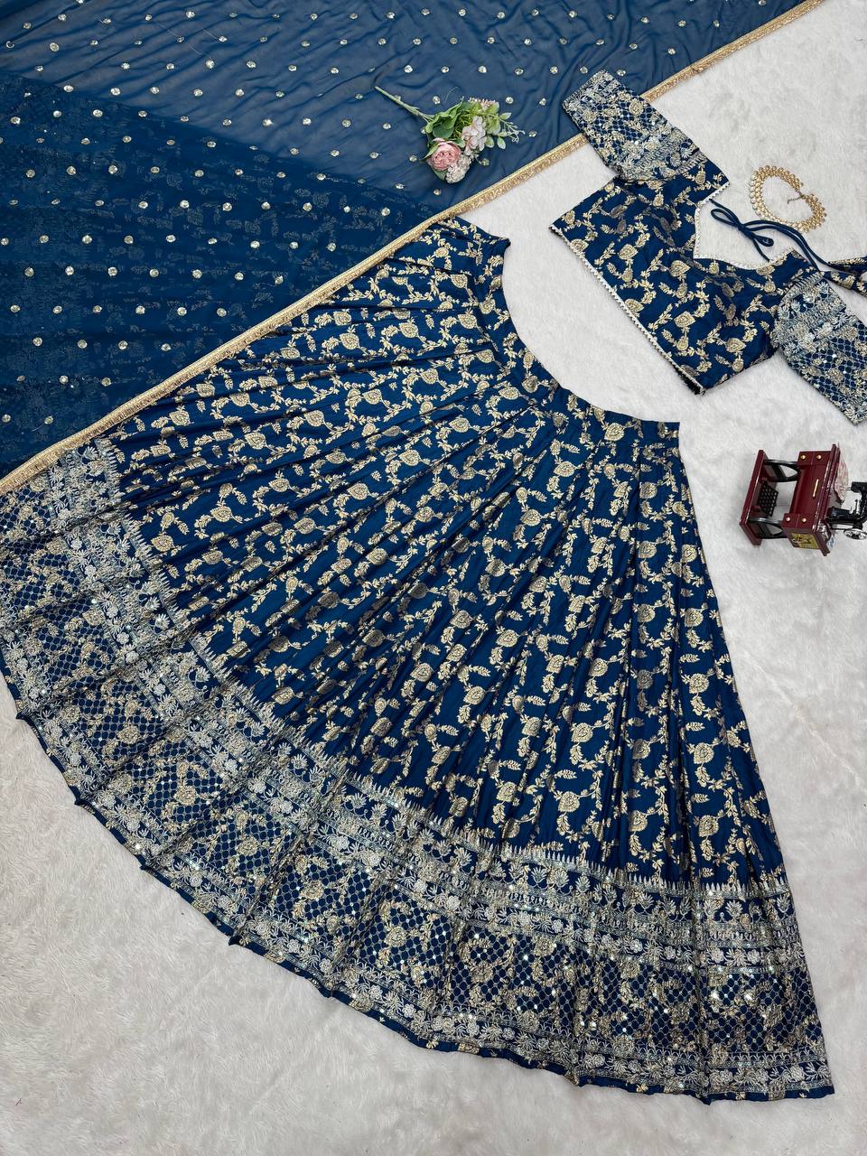 Reception Wear Navy Blue Color Premium Jacquard Beautiful Thread Embroidery With Sequins Work Lehenga Choli