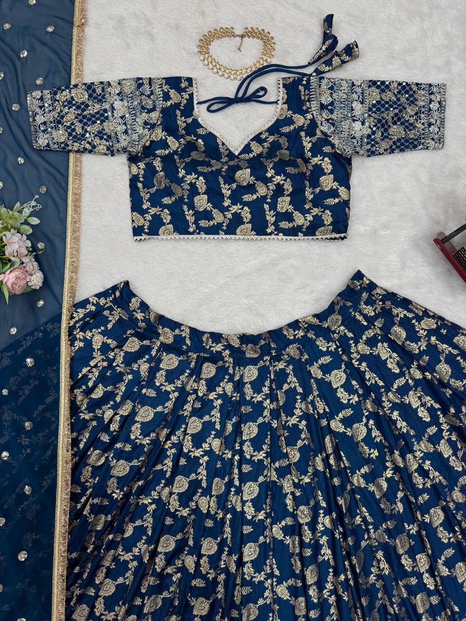 Reception Wear Navy Blue Color Premium Jacquard Beautiful Thread Embroidery With Sequins Work Lehenga Choli