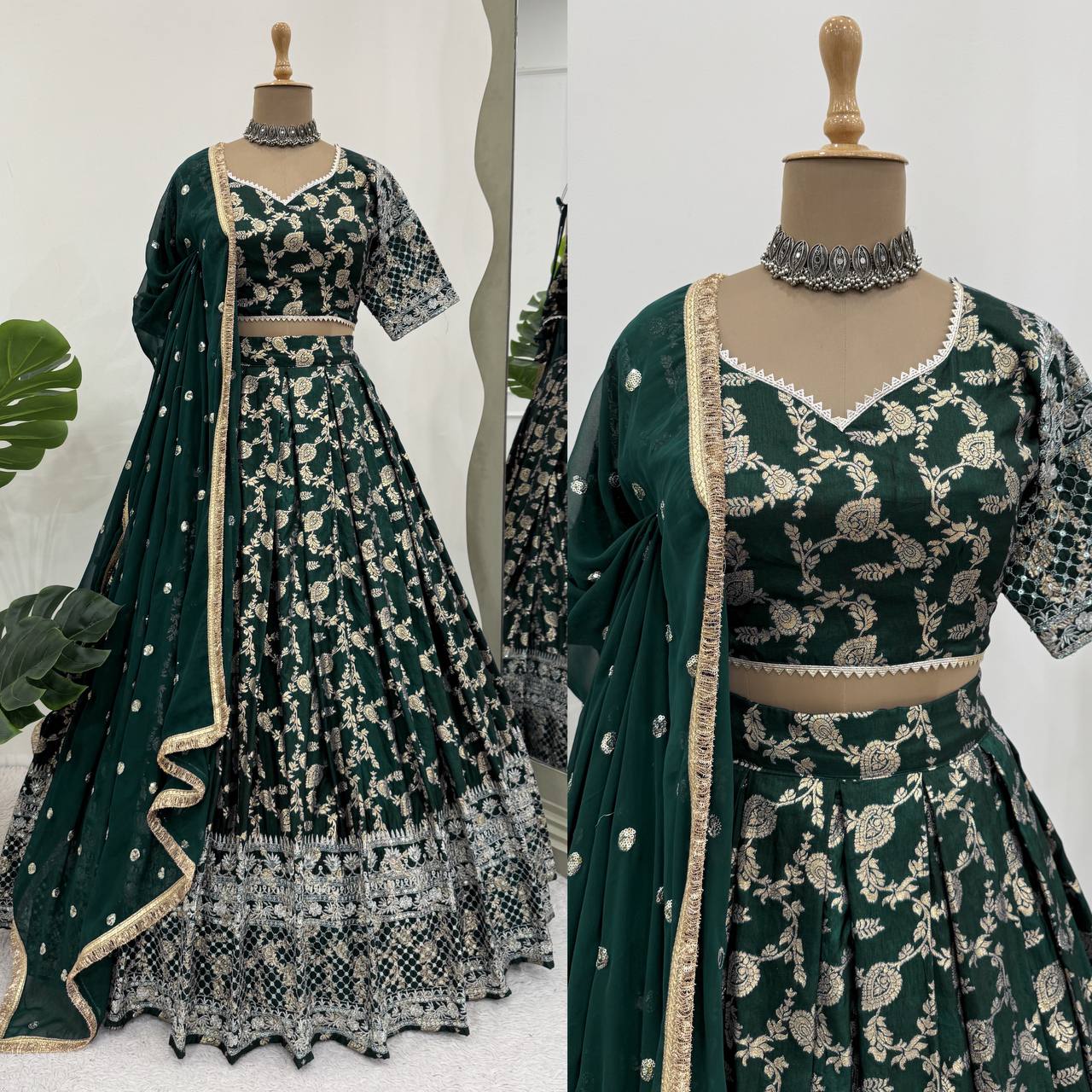 Wedding Wear Green Color Premium Jacquard Beautiful Thread Embroidery With Sequins Work Lehenga Choli