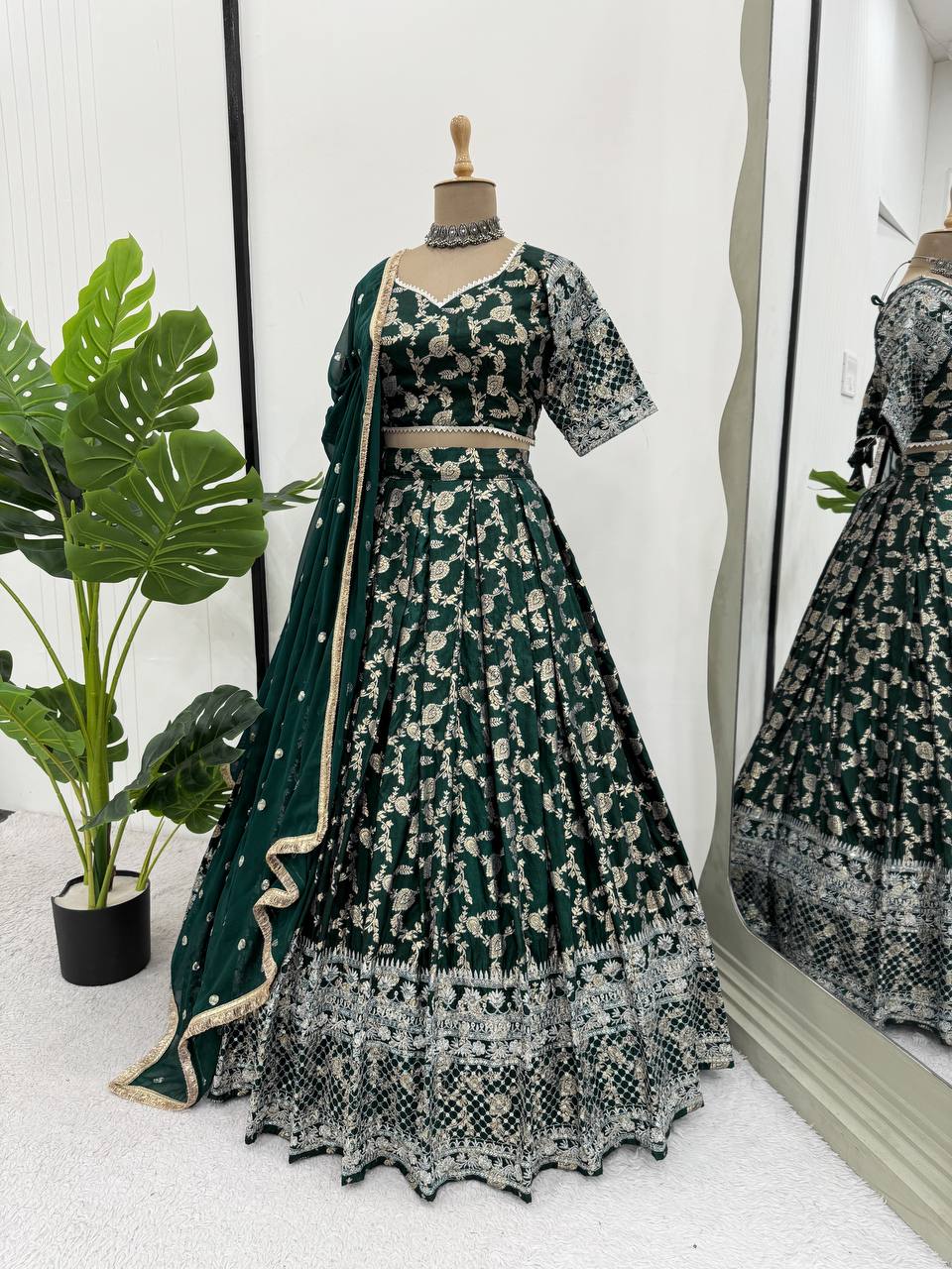 Wedding Wear Green Color Premium Jacquard Beautiful Thread Embroidery With Sequins Work Lehenga Choli
