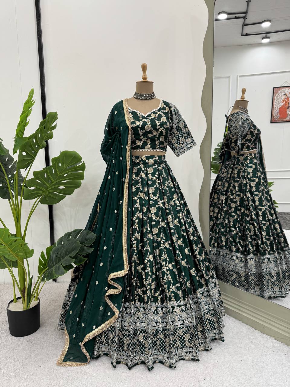Wedding Wear Green Color Premium Jacquard Beautiful Thread Embroidery With Sequins Work Lehenga Choli
