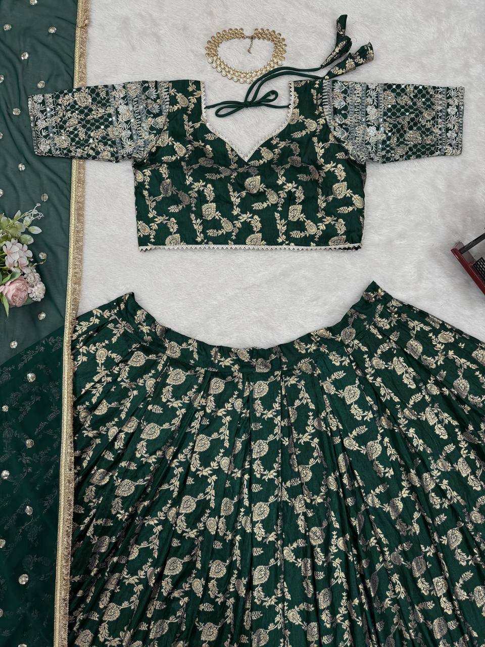 Wedding Wear Green Color Premium Jacquard Beautiful Thread Embroidery With Sequins Work Lehenga Choli