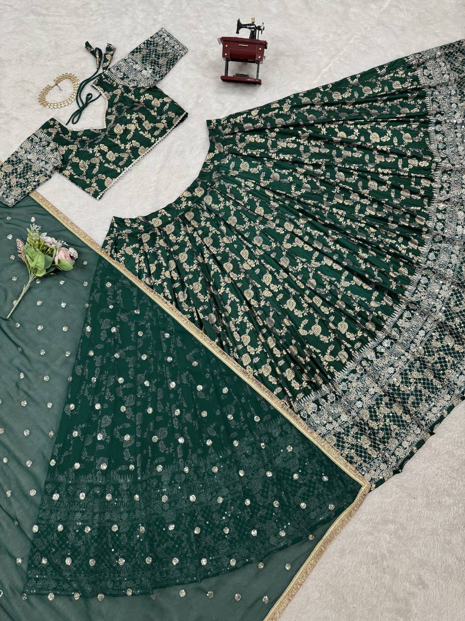 Wedding Wear Green Color Premium Jacquard Beautiful Thread Embroidery With Sequins Work Lehenga Choli