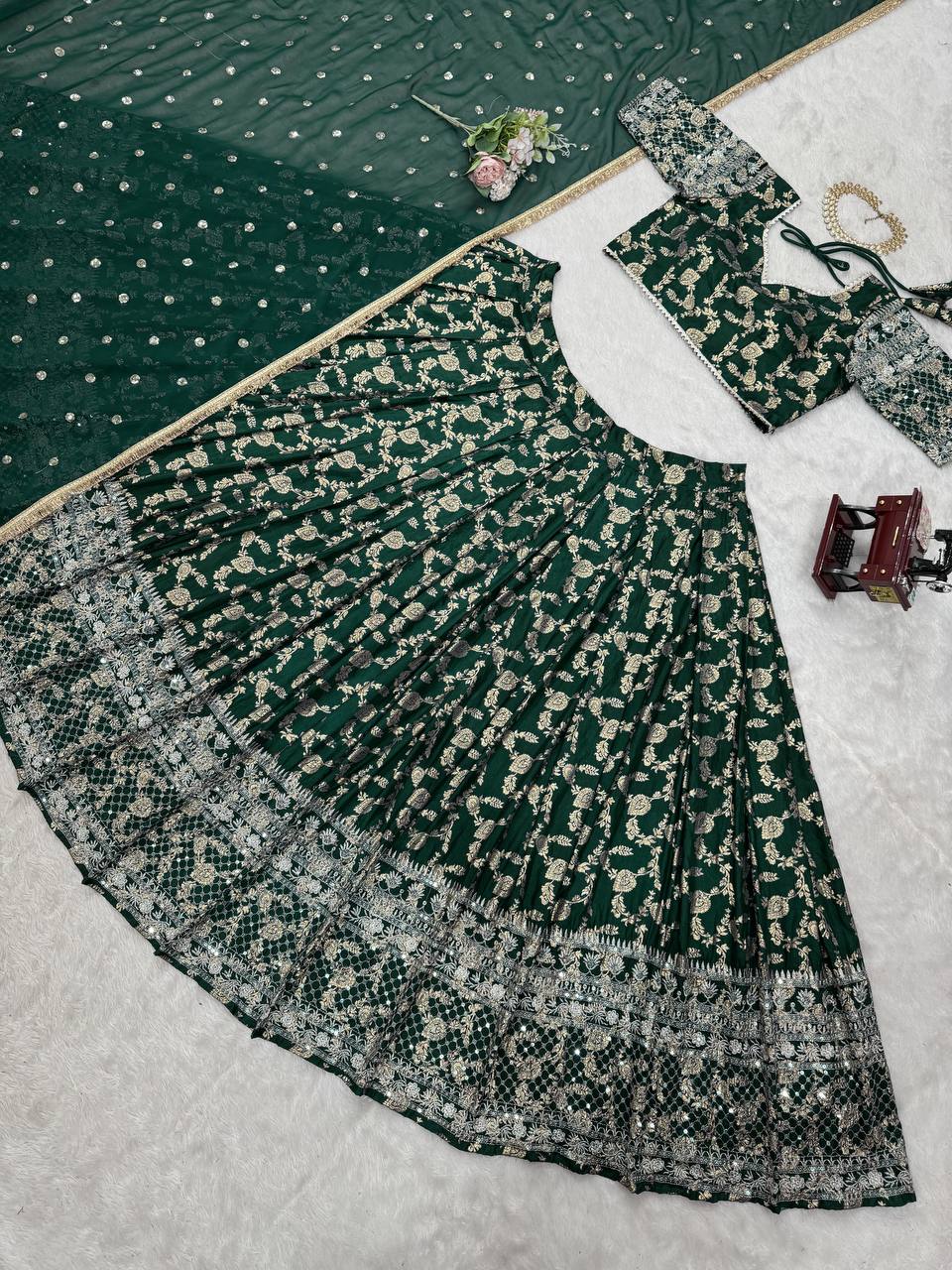 Wedding Wear Green Color Premium Jacquard Beautiful Thread Embroidery With Sequins Work Lehenga Choli